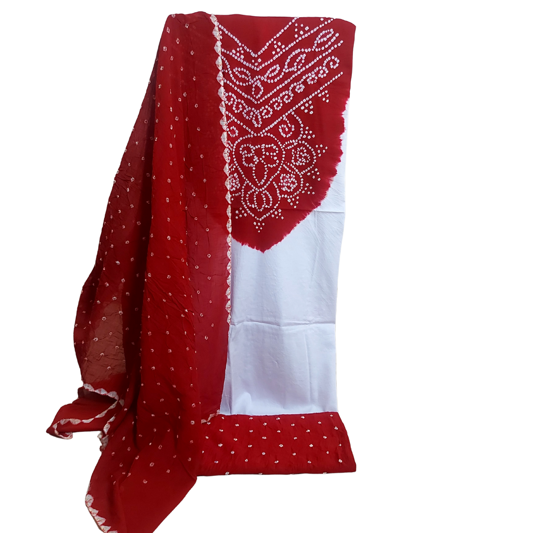White Red Cotton Bandhani Dress Material / suits
