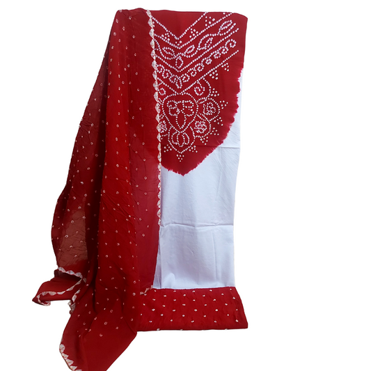 White Red Cotton Bandhani Dress Material / suits
