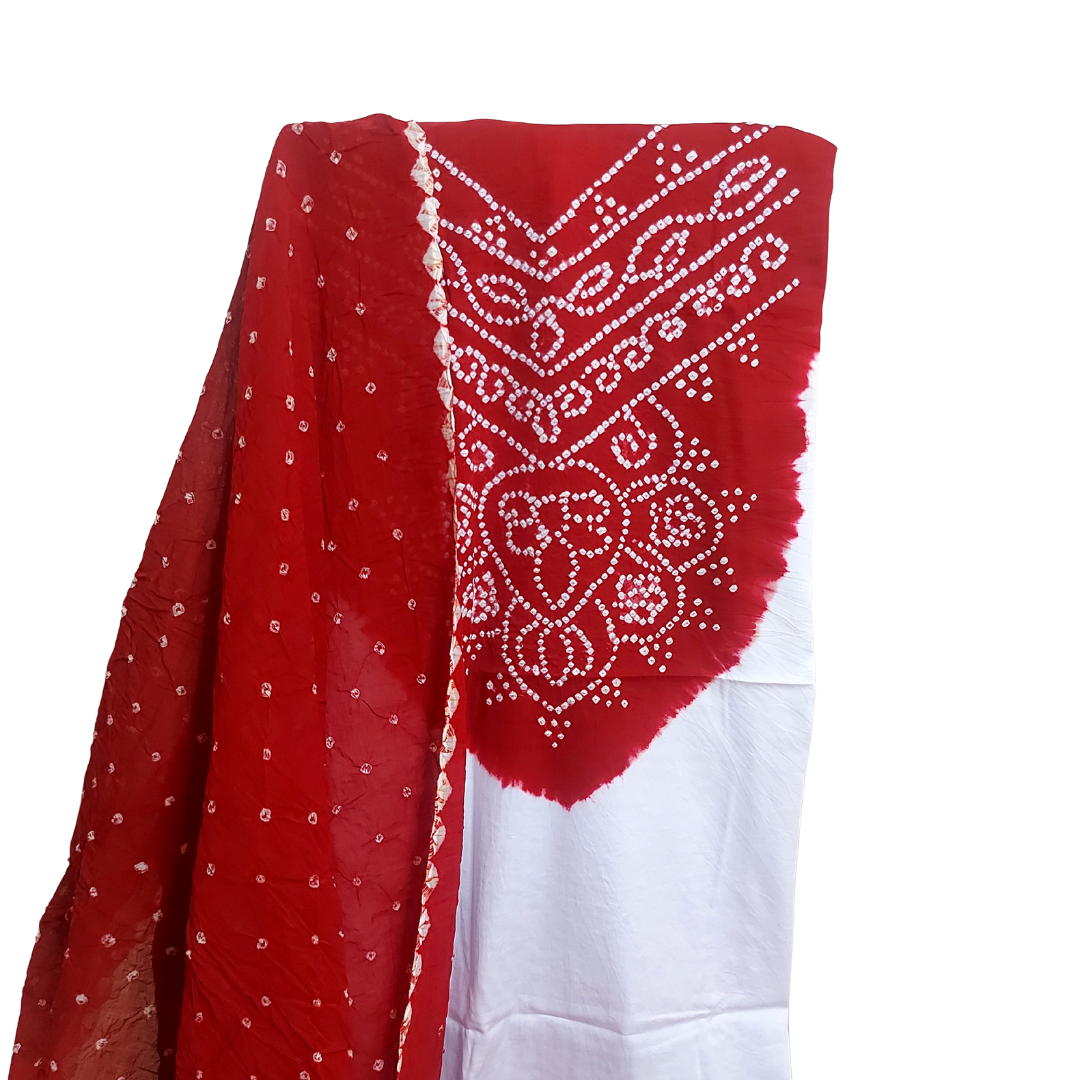 White Red Cotton Bandhani Dress Material / suits