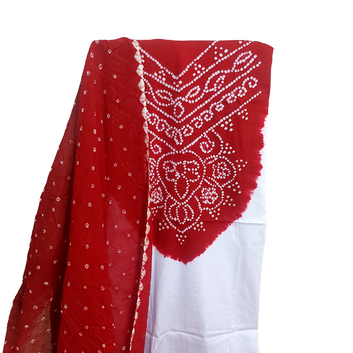 White Red Cotton Bandhani Dress Material / suits