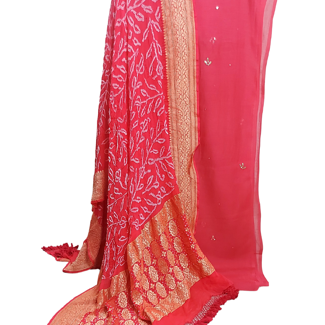 Gajari Colour Banarasi Bandhani Dress Material