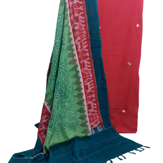 Maroon Cotton Mirror Work Top with Cotton Ikkat Bandhani Dupatta