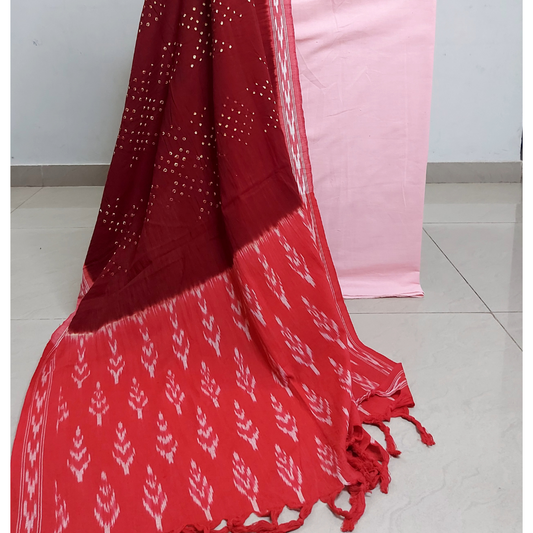Pink Cotton Linen Kurta Fabric with Handloom Cotton Ikkat Bandhani Dupatta