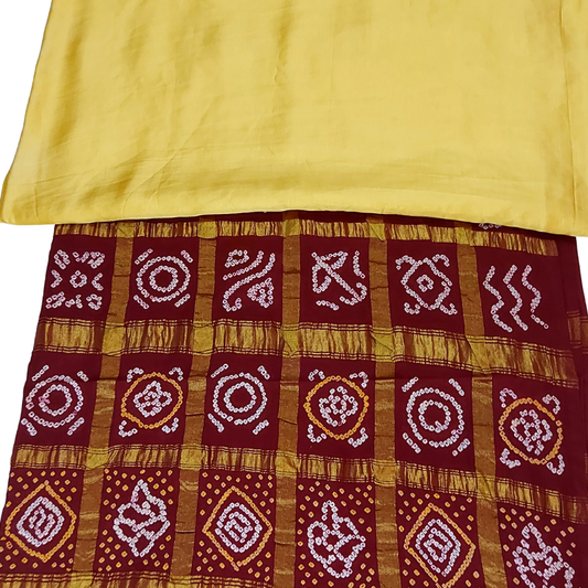 Yellow Linen Satin Kurta Fabric With Gharchola Maroon Bottom