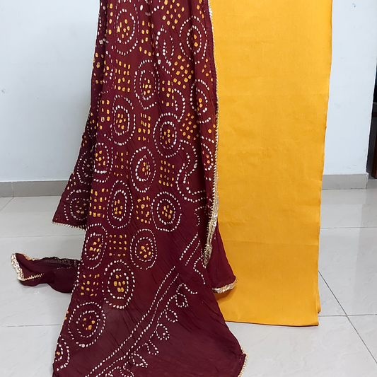 Yellow Plain Kurta Fabric With Maroon Bandhani Dupatta