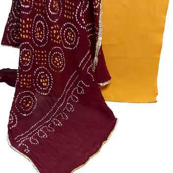 Yellow Plain Kurta Fabric With Maroon Bandhani Dupatta