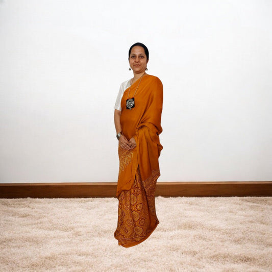 Anaya - Modal Silk Ajrakh Hand Block Print Saree – Handmade Bandhani Saree in Gajji/Modal Silk | Aj Designs