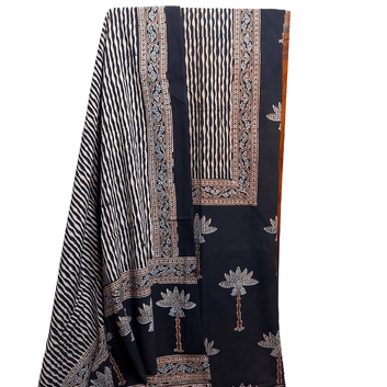 Black - Ajrakh Hand Block Print Dress Material – Handmade Bandhani Saree in Gajji/Modal Silk | Aj Designs