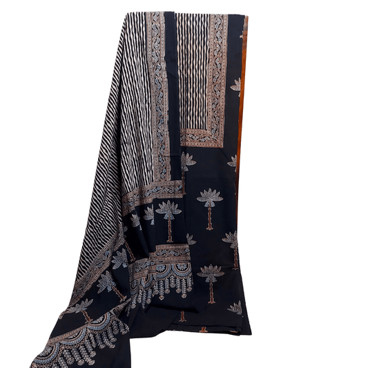 Black - Ajrakh Hand Block Print Dress Material – Handmade Bandhani Saree in Gajji/Modal Silk | Aj Designs