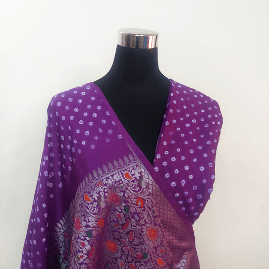 Eva : Purple Powerloom Kanjivaram Bandhani Saree – Handmade Bandhani Saree in Gajji/Modal Silk | Aj Designs