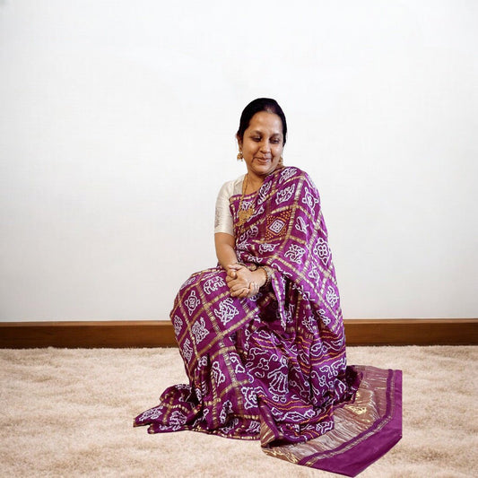 Gajji Silk Gharchola Bandhani Saree With Figure Design On Pallu - Wine – Handmade Bandhani Saree in Gajji/Modal Silk | Aj Designs