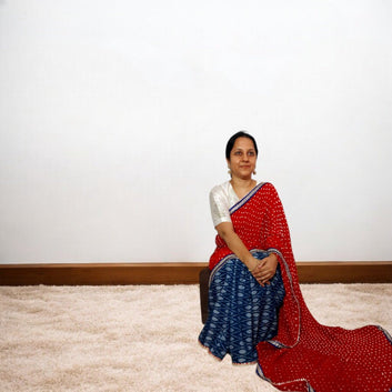 IkBandh - BLUE RED IKKAT BANDHANI SAREE – Handmade Bandhani Saree in Gajji/Modal Silk | Aj Designs