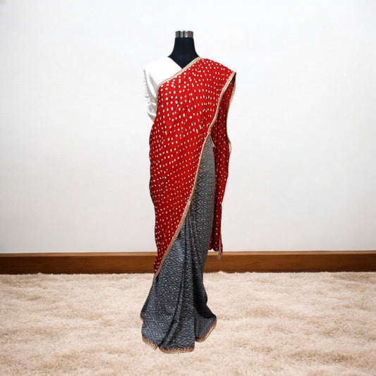 IkBandh - GRAY RED IKKAT BANDHANI SAREE – Handmade Bandhani Saree in Gajji/Modal Silk | Aj Designs