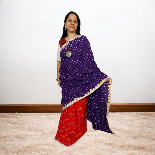 IkBandh - RED PURPLE IKKAT BANDHANI SAREE – Handmade Bandhani Saree in Gajji/Modal Silk | Aj Designs