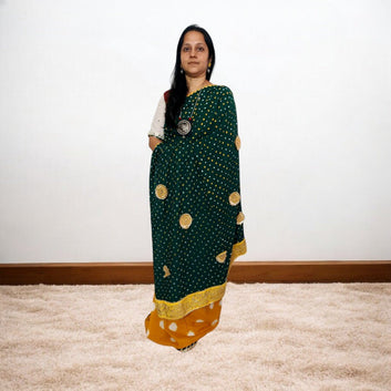 IkBandh - YELLOW GREEN DOUBLE IKKAT BANDHANI SAREE – Handmade Bandhani Saree in Gajji/Modal Silk | Aj Designs