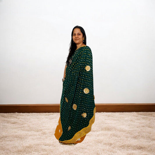 IkBandh - YELLOW GREEN DOUBLE IKKAT BANDHANI SAREE – Handmade Bandhani Saree in Gajji/Modal Silk | Aj Designs