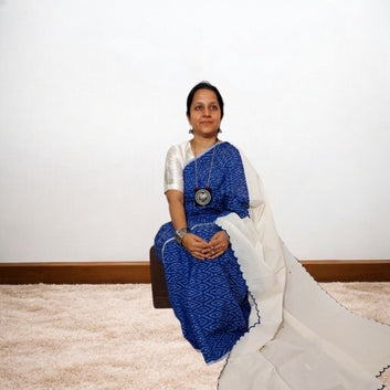 IkMirra - BLUE WHITE IKKAT MIRROR WORK SAREE – Handmade Bandhani Saree in Gajji/Modal Silk | Aj Designs