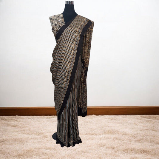 PATTERNED AJRAKH HAND BLOCK PRINTED MODAL SILK SAREE – Handmade Bandhani Saree in Gajji/Modal Silk | Aj Designs