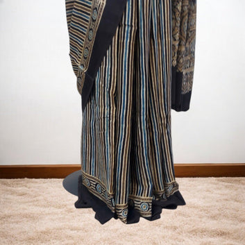 PATTERNED AJRAKH HAND BLOCK PRINTED MODAL SILK SAREE – Handmade Bandhani Saree in Gajji/Modal Silk | Aj Designs