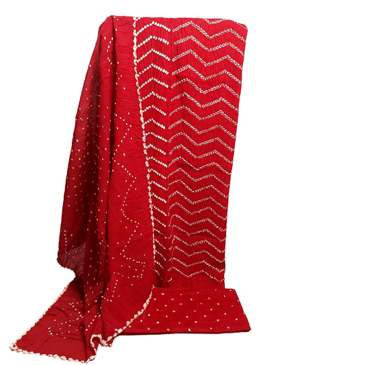 Rangbari Leheriya - Red Bandhani Dress Material – Handmade Bandhani Saree in Gajji/Modal Silk | Aj Designs