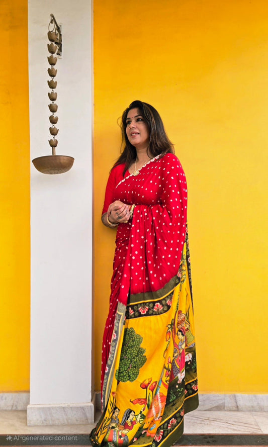 RED PICHWAI BANDHANI SAREE – Handmade Bandhani Saree in Gajji/Modal Silk | Aj Designs