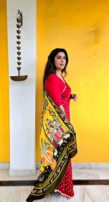 RED PICHWAI BANDHANI SAREE – Handmade Bandhani Saree in Gajji/Modal Silk | Aj Designs