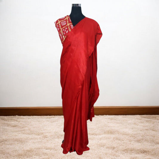Red Plain Saree With Zari Border – Handmade Bandhani Saree in Gajji/Modal Silk | Aj Designs