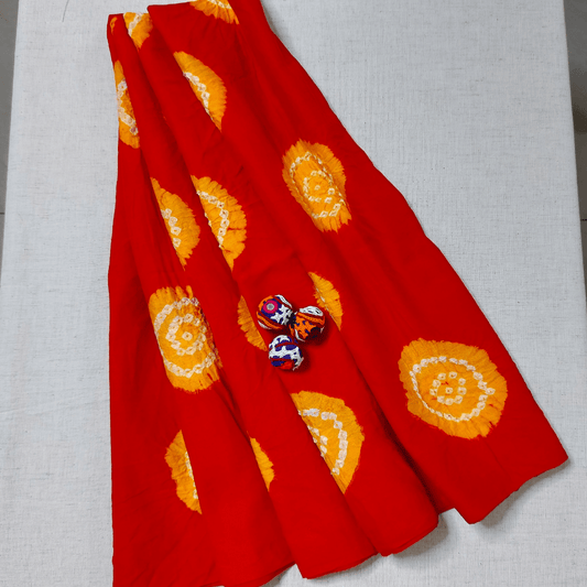 RED YELLOW - COTTON SATIN BANDHANI BLOUSE PIECE – Handmade Bandhani Saree in Gajji/Modal Silk | Aj Designs