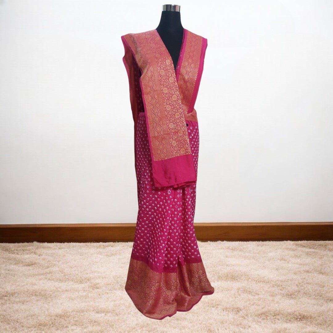 Reva: Pink Dhupian Silk Kanjivaram Bandhani Saree – Handmade Bandhani Saree in Gajji/Modal Silk | Aj Designs