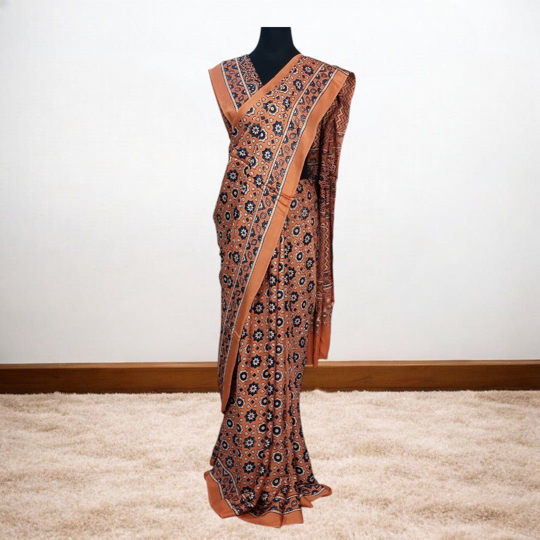 RUST AJRAKH HAND BLOCK PRINTED MODAL SILK SAREE – Handmade Bandhani Saree in Gajji/Modal Silk | Aj Designs