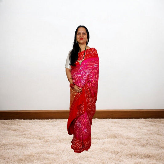 Sundar - Pure Gajji Silk Chandrakhoni Bandhani Saree – Handmade Bandhani Saree in Gajji/Modal Silk | Aj Designs