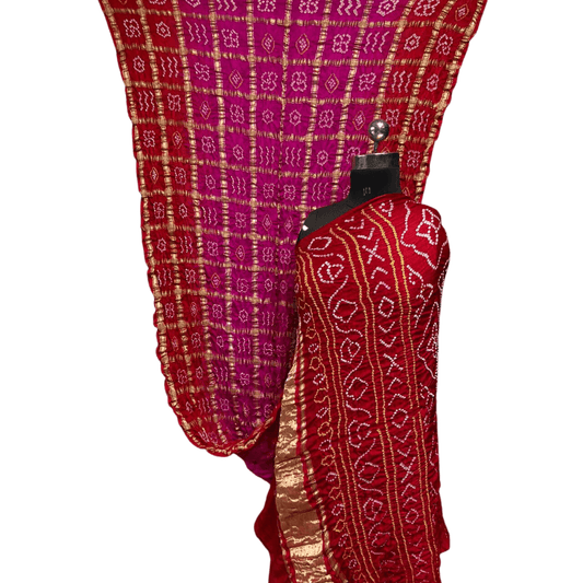 Vanya - Pink Red Gajji Silk Gharchola Bandhani Saree – Handmade Bandhani Saree in Gajji/Modal Silk | Aj Designs
