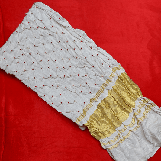 WHITE RED - GAJJI SILK BANDHANI BLOUSE PIECE – Handmade Bandhani Saree in Gajji/Modal Silk | Aj Designs
