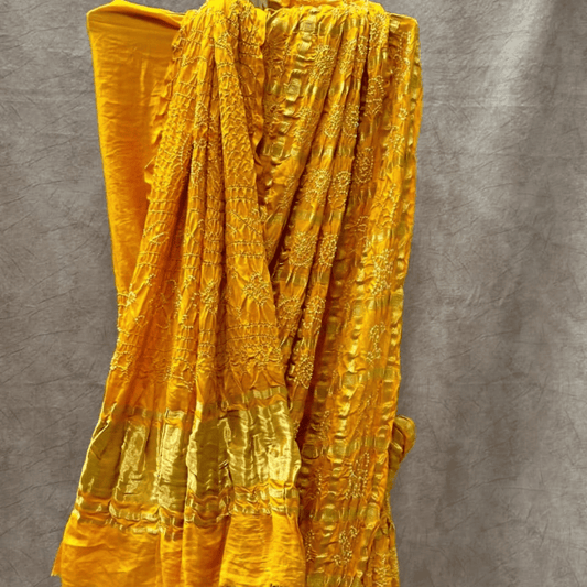Yellow Kavya Gharchola Saree – Handmade Bandhani Saree in Gajji/Modal Silk | Aj Designs