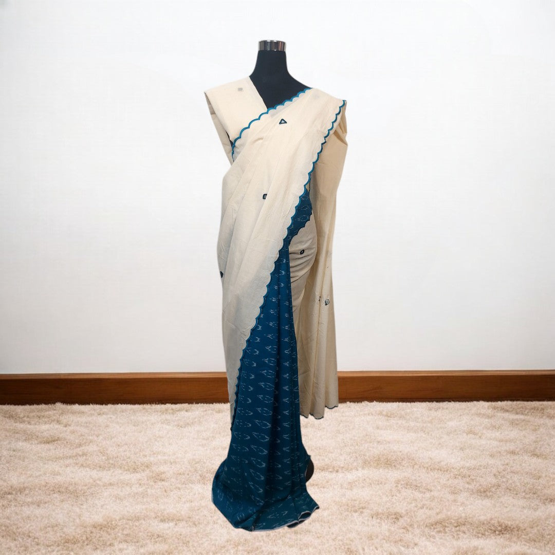 IkMirra - RAMA WHITE IKKAT MIRROR WORK SAREE