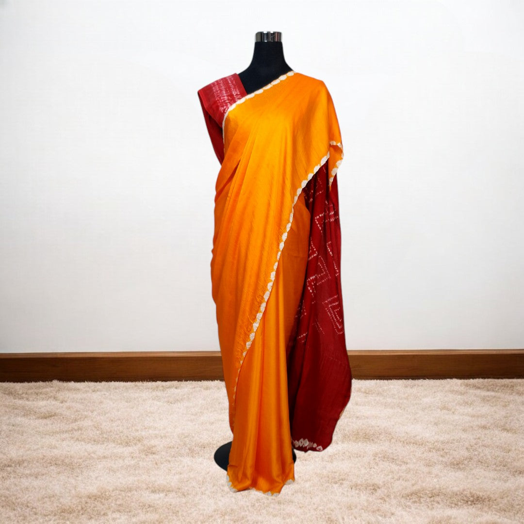 Red Orangish Yellow - Shibori Pallu Modal Silk Plain Saree