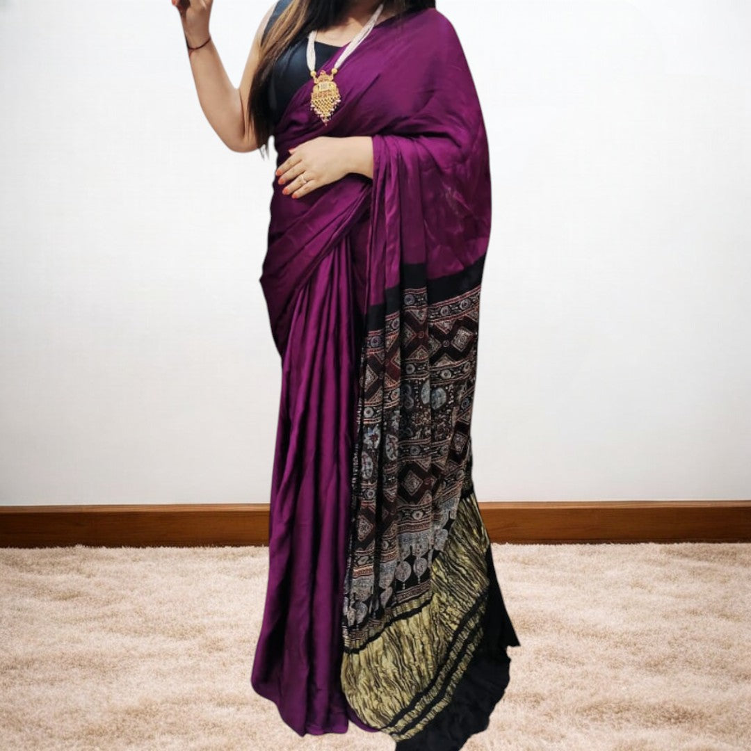 Ajrakshni -  Purple Modal Silk Plain Saree Ajrakh Pallu with Zari Border