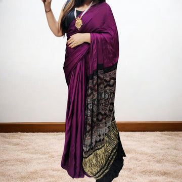 Ajrakshni -  Purple Modal Silk Plain Saree Ajrakh Pallu with Zari Border