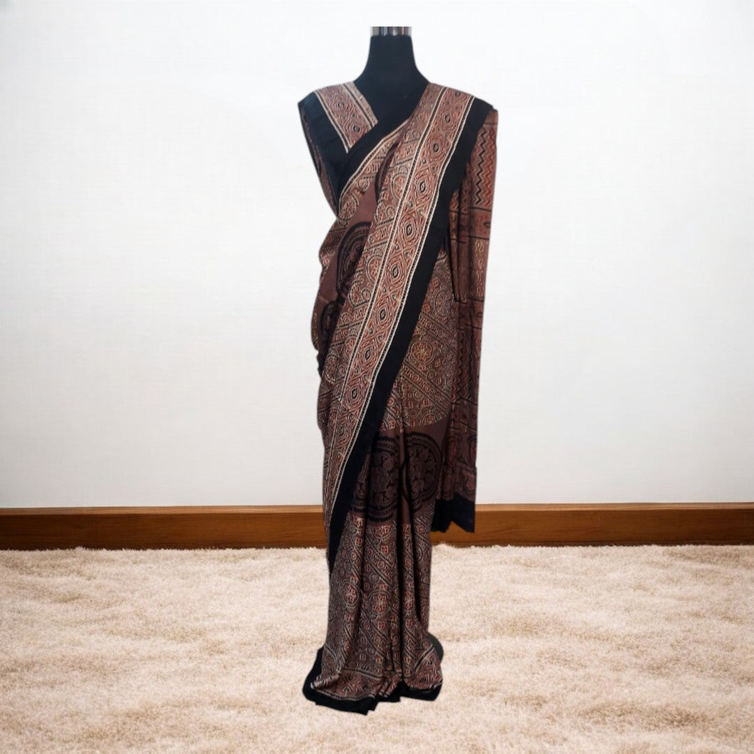 MANYA AJRAKH HAND BLOCK PRINTED MODAL SILK SAREE