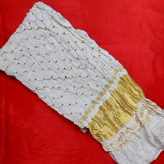 WHITE RED -  GAJJI SILK BANDHANI BLOUSE PIECE