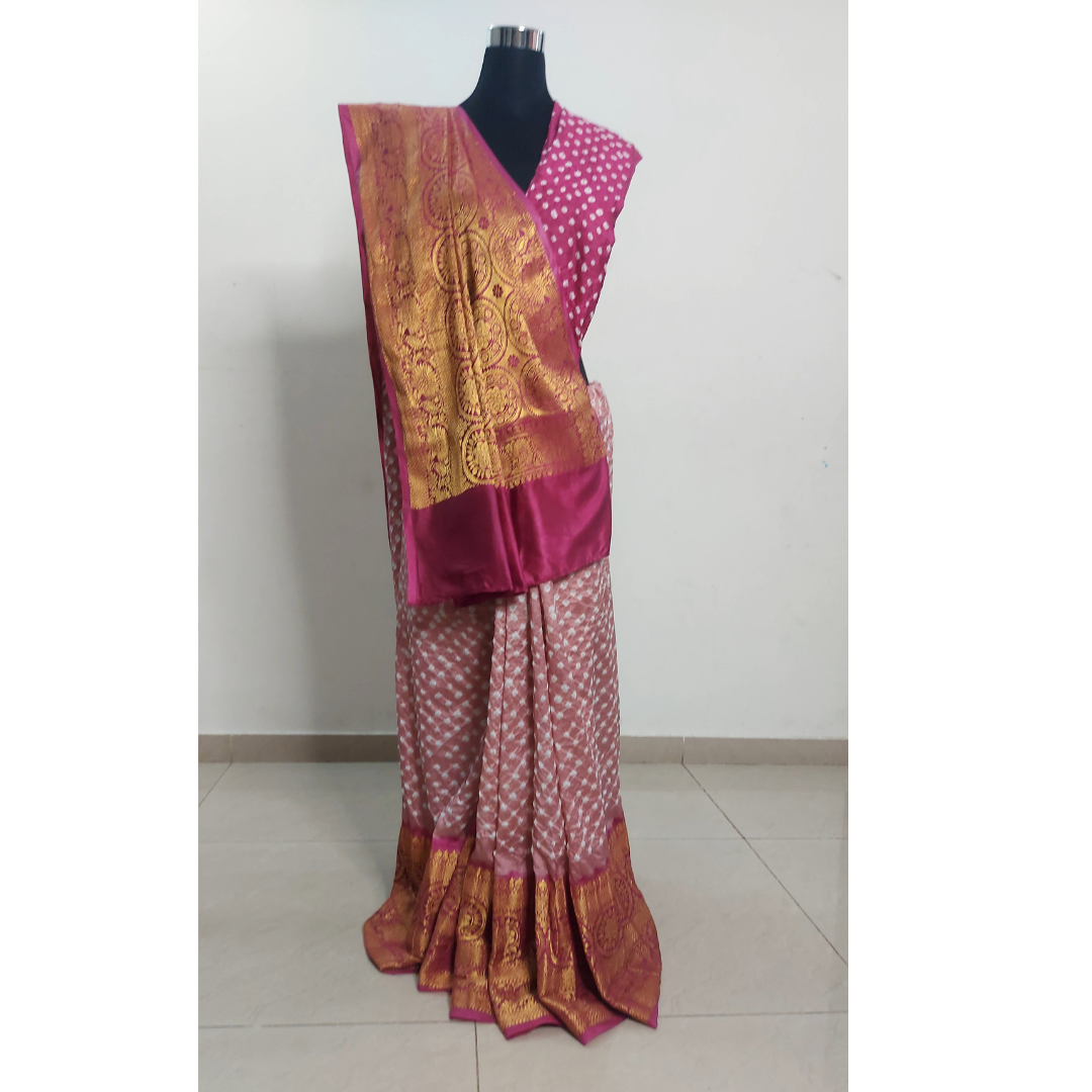 Reva: Dhupian Silk Kanjivaram Bandhani Saree - Light Dark Pink