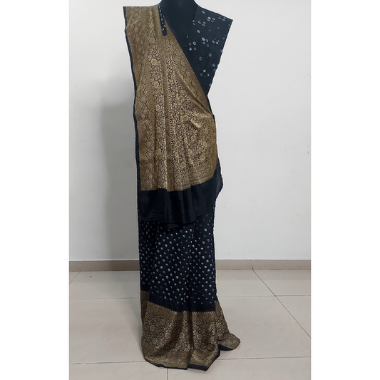 Reva: Dhupian Silk Kanjivaram Bandhani Saree - Black