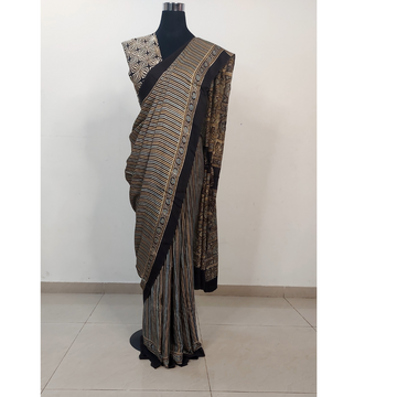 PATTERNED AJRAKH HAND BLOCK PRINTED MODAL SILK SAREE