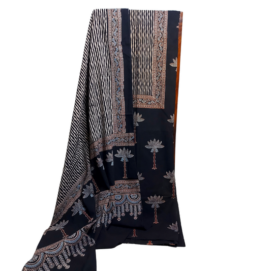 Black - Ajrakh Hand Block Print Dress Material
