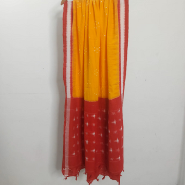 Cotton Ikkat Bandhani Dupatta - Red Yellow