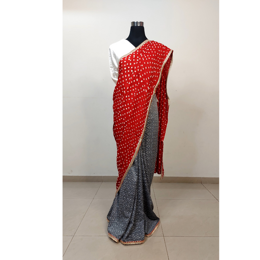 IkBandh - GRAY RED IKKAT BANDHANI SAREE