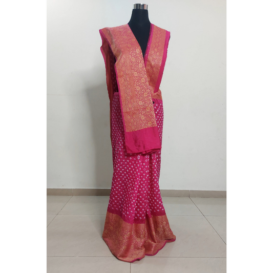 Reva: Pink  Dhupian Silk Kanjivaram Bandhani Saree