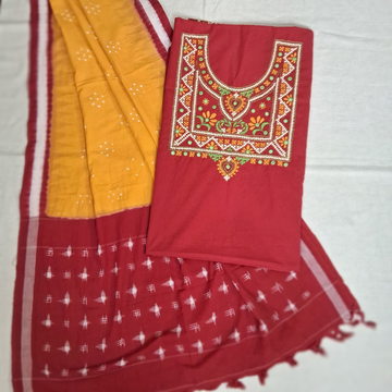 Exclusive Red Cotton Kutchi Work Kurti with Ikkat Bandhani Dupatta