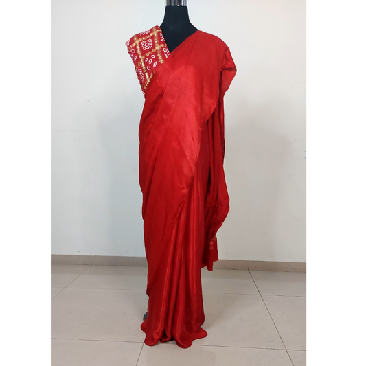 Red Plain Saree With Zari Border