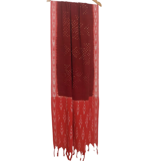 Cotton Ikkat Bandhani Dupatta - Red Maroon